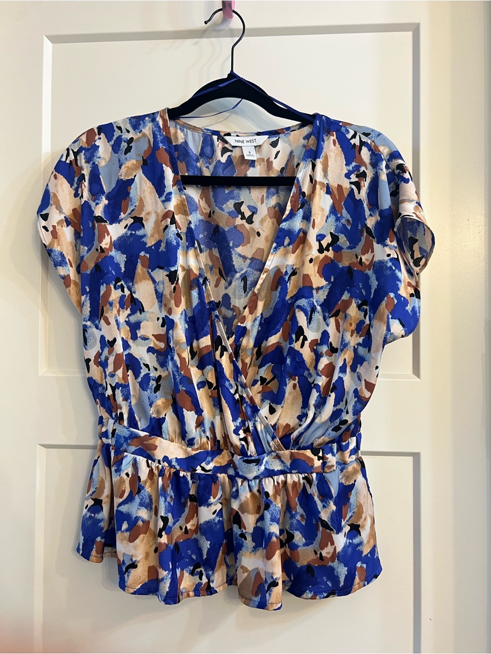 Nine West Blue and Tan Abstract Wrap Peplum Blouse
